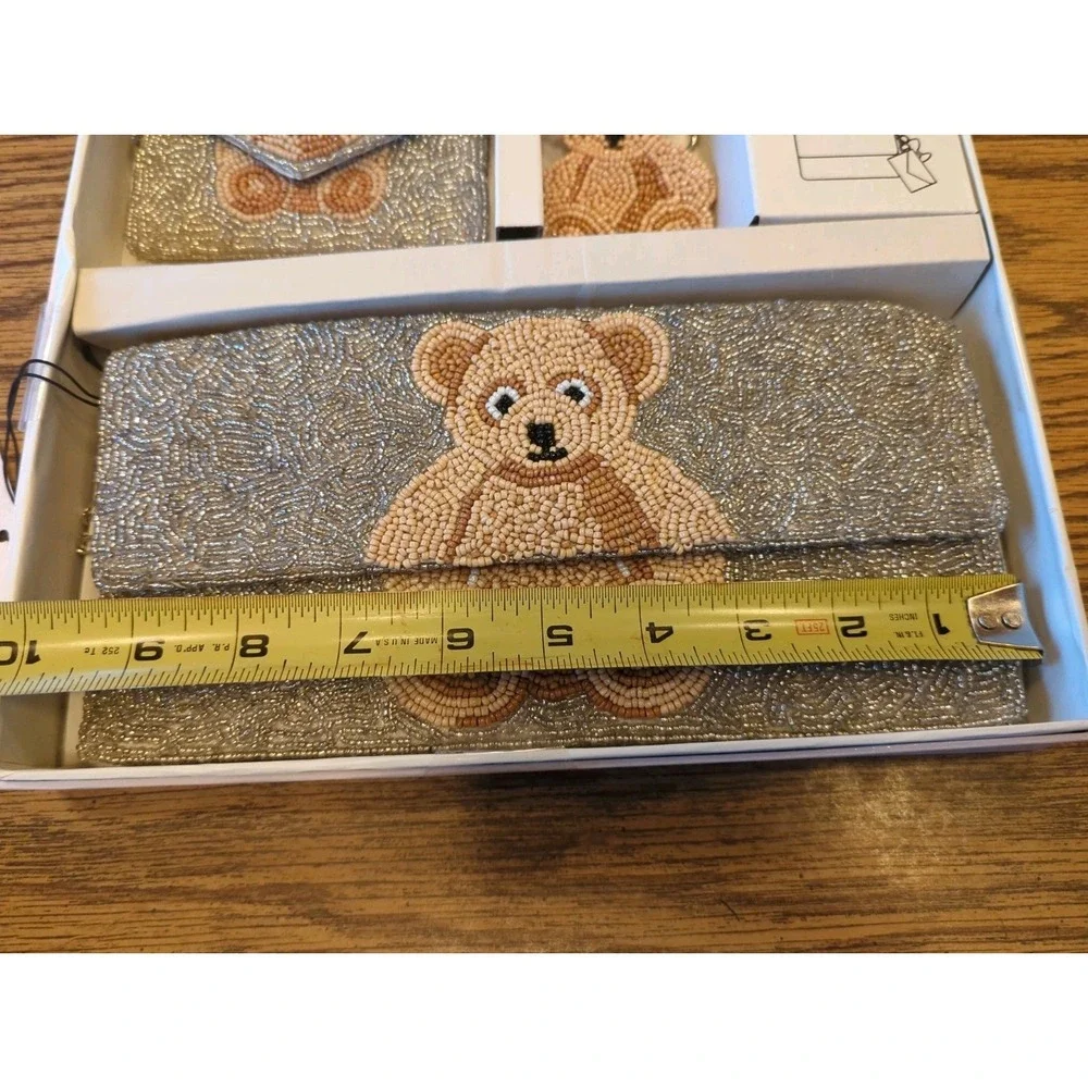 NEW Rachel Zoe Teddy Bear Beaded Clutch Wallet and Key Chain 3-Piece Set Ret $98